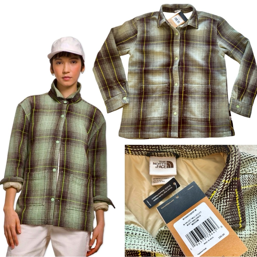 THE NORTH FACE WOMEN’S JACKET PLAID GREEN BROWN SZ MEDIUM RELAXED FIT WARM NEW